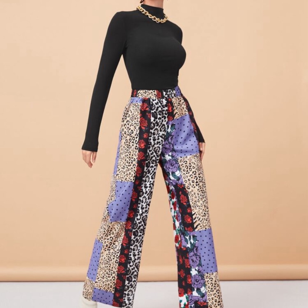 SHEIN High Waist Polka Dot & Floral Print Wide Leg Pants